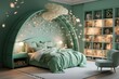 A cozy children's bedroom with a 3D intricate pattern in mint green on the bed canopy, a snug and welcoming theme, and a bed with a built-in reading light and side shelves