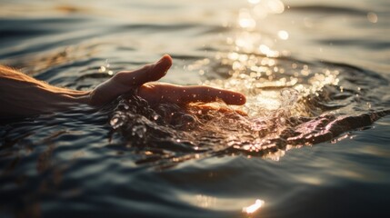 Canvas Print - A person's hand reaching out of the water to grab a fish, AI