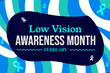 Low Vision Awareness Month background with blue shapes, ribbon and text in the center. January is low vision awareness month