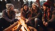 A group of happy young people gathered around a campfire, embodying friendship and fun during a camping adventure in the snowy desert