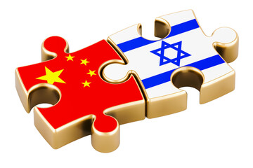 Poster - Israel and China puzzles from flags, relation concept. 3D rendering isolated on transparent background