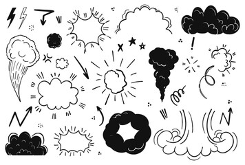 Wall Mural - explosion effect. dust cloud of smoke, cartoon battle explosion and motion speed sparks on isolated 