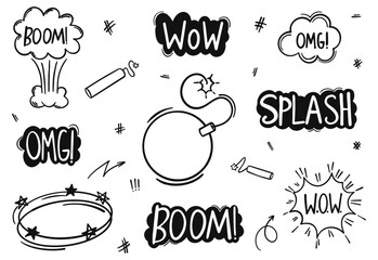 Wall Mural - set of doodle explosions in handmade style. hand explosion, bomb element. comics sketch style. explo