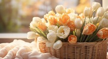 A Basket Of Orange And White Tulips On A Stand