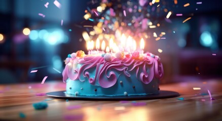 a birthday cake is displayed with lit candles on top