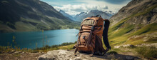A Backpack On A Rocky Ledge In Front Of A Lake,