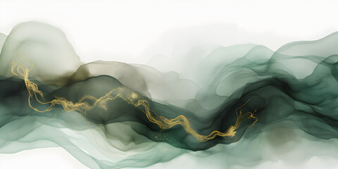 Wall Mural - Abstract dark green ink acrylic splashes background with fine golden elements lines