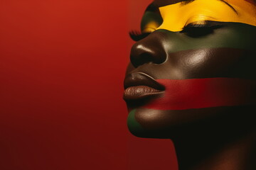 Close up of a young black woman with face paint in yellow green, red colors of Pan-African flag. African woman on red background with copy space for text. Black History Month concept.