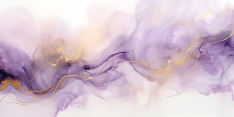 Abstract pastel purple ink acrylic splashes background with fine golden elements lines	