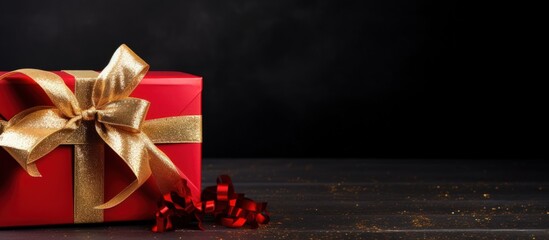 A red gift box with gold ribbon isolated copy space on dark background.