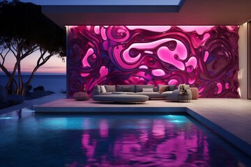 Wall Mural - A luxury backyard featuring a pool with 3D intricate patterns in bright fuchsia and ocean blue, set against a backdrop of a modern art installation and ambient waterfall, in