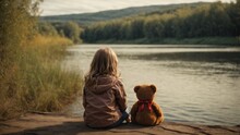 Rear View Of A Child Sitting With Her Teddy Bear In Front Of The River, Children Enjoying The Natural Scenery