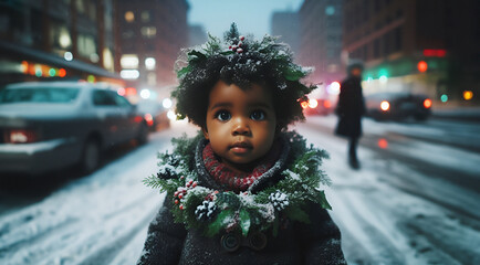 Young Black / African-American toddler or young child wears a Christmas wreath around her shoulders while standing in a city street on a snowy holiday night