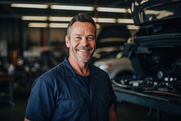 Portrait of a middle aged car mechanic in repair shop