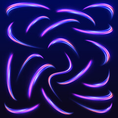 Poster - Abstract background in blue, yellow and orange neon colors. Neon swirls vector glitter light fire flare trace. 
