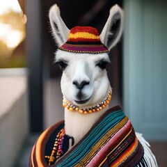 Wall Mural - A portrait of a stylish llama wearing a bohemian poncho and beads1