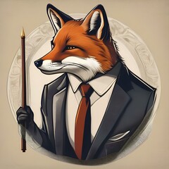 Wall Mural - A portrait of a suave fox in a tailored suit and tie, holding a walking stick1