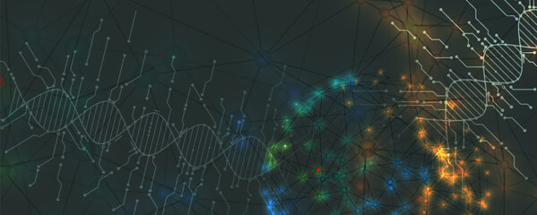 Wall Mural - Abstract artificial intelligence DNA technology. Science and social concept.  Futuristic connection structure with cell background