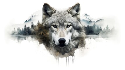 Naklejka na meble A watercolor painting of a wolf with a mountain in the background