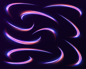 Aufkleber - Neon stripes in the form of drill, turns and swirl. Illustration of high speed concept. High-speed light line in the form of a road and a highway in a night city. 