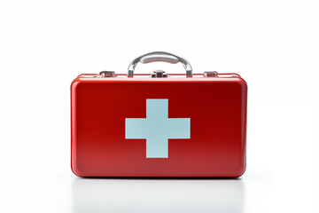 Red first aid kit box with white cross isolated on white background.