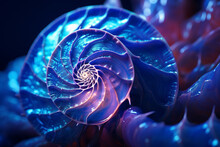 A High-definition Capture Highlighting The Intricate Spirals And Textures Of A Seashell, Set Against A Deep Cobalt Background Resembling The Ocean Depths.