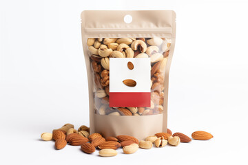 Sealed packing of nuts and nuts isolate on white background. Mockup, front view