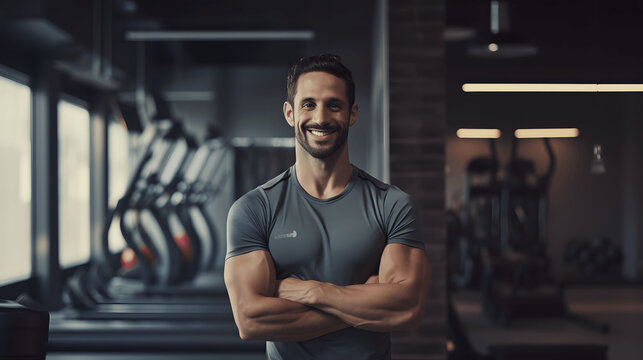 Portrait of a fitness instructor in a workout space smiling with exercise gear