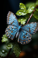 a blue butterfly standing on a leaf in a dark background created with Generative Ai