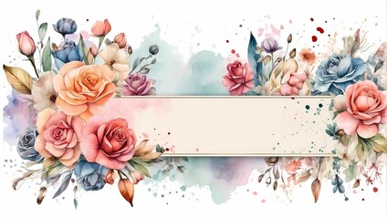 watercolor floral banner with flowers and leaves