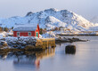 Typical red house in Lofoten Norway with water reflection and snowy mountains