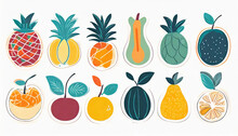 Fruit Clipart Collection In Flat Hand Drawn Style, Illustrations Set. Tropical Fruit And Graphic Design Elements. Ingredients Color Cliparts. Sketch Style Smoothie Or Juice Ingredients	