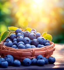 Wall Mural - Basket of blueberries in sunny forest background with copy space