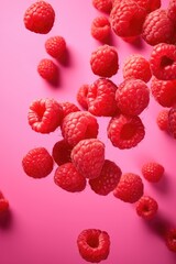 Lots of fresh raspberries fly on pink background