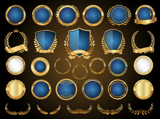 Wall Mural - golden shields laurel wreaths and badges vector collection