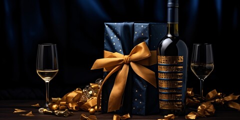 Wrapped Bottle of Wine with Gold Ribbon Generative AI