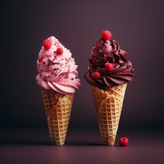 Two scoops of pink and purple ice cream with raspberries on top Generative AI