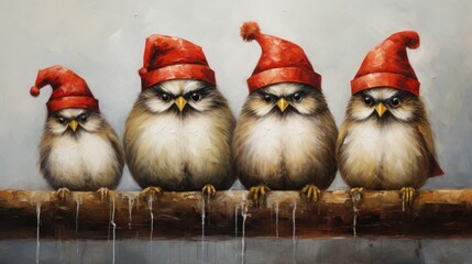 Sticker -  a painting of three owls sitting on a branch wearing red hats and sitting next to each other on a gray background.