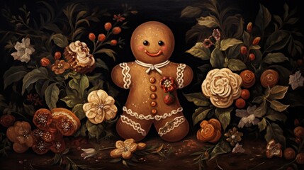 Canvas Print -  a painting of a gingerbread man surrounded by flowers and other fruit and vegtables on a black background.