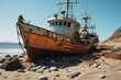 Abandoned Shipwreck: An old fishing boat lies deserted on a sandy shore, evoking stories of past voyages and the relentless march of time.