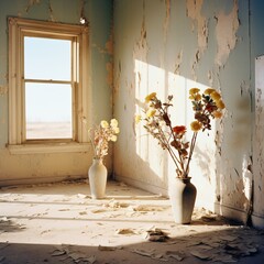 a room with peeling paint and two vases generative ai