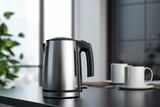 Fototapeta Natura - A sleek electric kettle mockup, with a stainless steel finish, on a modern kitchen countertop.