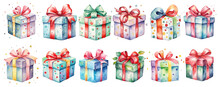 Set Of Colorful Watercolor Gift Boxes With Bows And Ribbons On Transparent Background