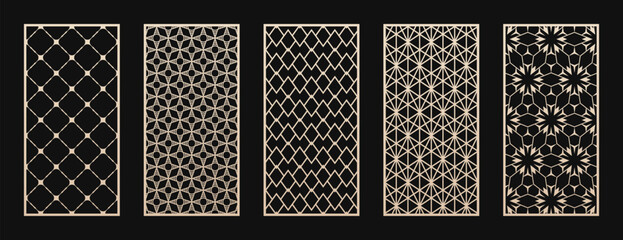 Wall Mural - Laser cut, CNC cutting patterns set. Abstract vector geometric ornaments with thin lines, grid, lattice. Modern arabesque style. Cutting stencil for wood panel, metal, plastic, paper. Aspect ratio 1:2