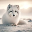 Cute arctic fox (Vulpes lagopus) standing in the snow, beautiful daylight, animals concept, generative ai
