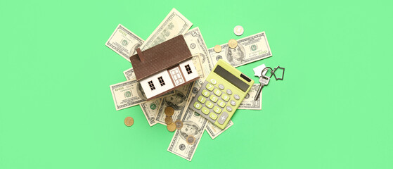 Poster - Model of house, key, calculator and money on green background