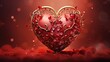  a red heart with gold filigrees and hearts on a red background with boke of light and bubbles.
