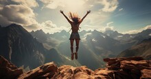Young Woman Jumping For Joy On The Mountains