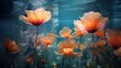  a group of orange flowers floating in a body of water next to a group of jelly fish in the bottom of the water.