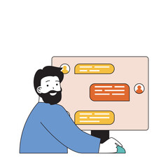 Aufkleber - Social network concept with cartoon people in flat design for web. Man chatting at computer screen application and commenting online. Vector illustration for social media banner, marketing material.